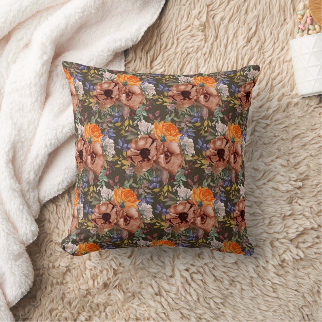 Rustic Brown Orange Blue Floral Autumn  Cushion (Blanket)