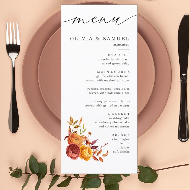 Rustic Brown Orange Floral Script Fall Wedding  Menu (Creator Uploaded)