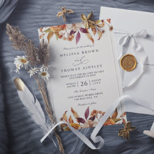 Rustic Brown Orange Gold Floral QR Code Wedding Invitation