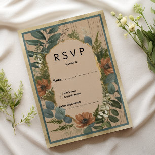 Rustic brown orange gold mint floral RSVP Invitation