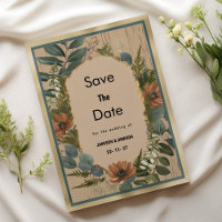 Rustic brown orange gold mint floral Save The Date
