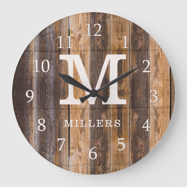 Rustic Brown Pallet Wood Family Name Monogrammed   Large Clock (Front)