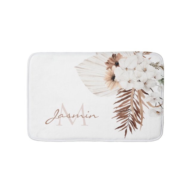 Rustic Brown Pampas Grass White Orchids Monogram Bath Mat (Front)