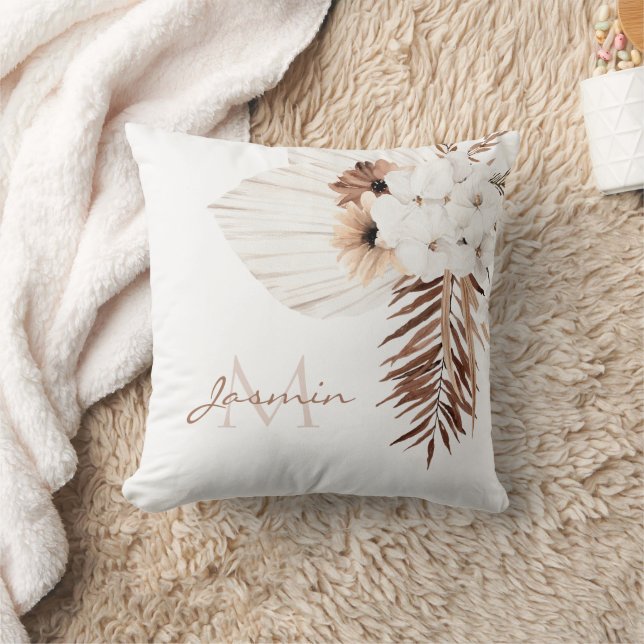 Rustic Brown Pampas Grass White Orchids Monogram Cushion (Blanket)