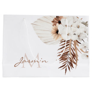 Rustic Brown Pampas Grass White Orchids Monogram Large Gift Bag