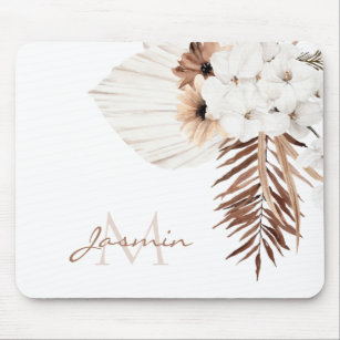 Rustic Brown Pampas Grass White Orchids Monogram Mouse Pad