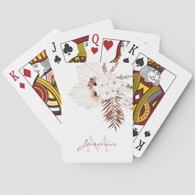 Rustic Brown Pampas Grass White Orchids Monogram Playing Cards (Back)
