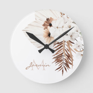 Rustic Brown Pampas Grass White Orchids Monogram Round Clock