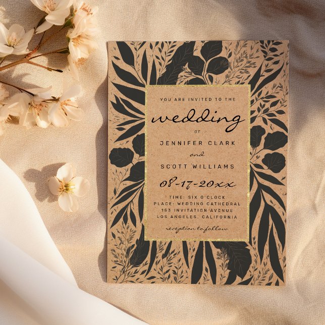 Rustic brown paper black gold floral wedding invitation (Rustic brown paper black gold floral wedding)