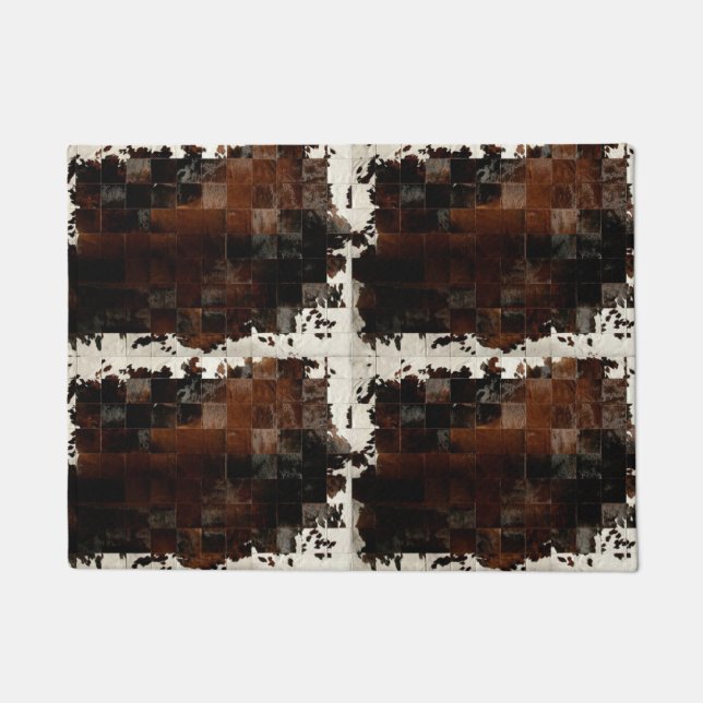 Rustic Brown Patchwork Cowhide Doormat (Front)