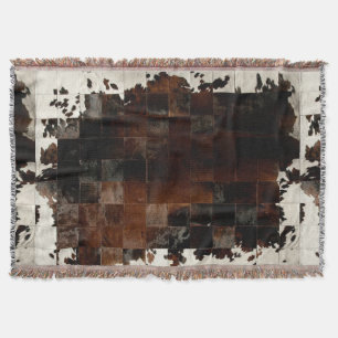 Rustic Brown Patchwork Cowhide Throw Blanket