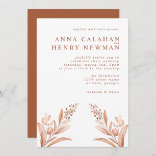 Rustic Brown Peach Leaves Watercolor Wedding  Invitation
