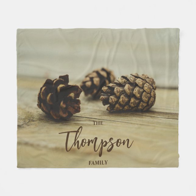Rustic Brown Pinecones Autumn Photo Custom Name Fleece Blanket (Front (Horizontal))