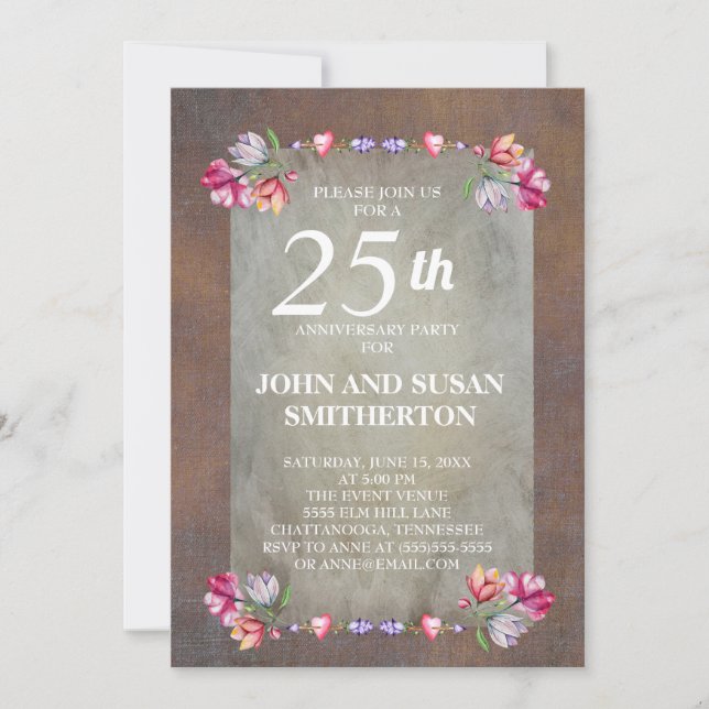 Rustic Brown Pink Purple Floral 25th Anniversary Invitation (Front)