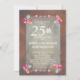 Rustic Brown Pink Purple Floral 25th Anniversary Invitation