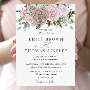 Rustic Brown Pink Sage Floral Greenery Wedding Invitation