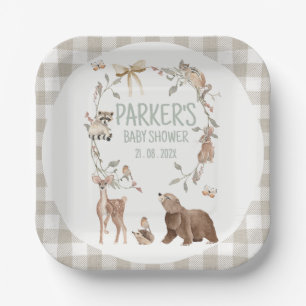Rustic Brown Plaid Woodland Baby Shower Paper Plate