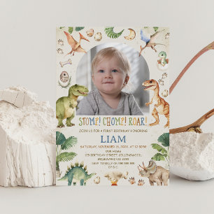 Rustic Brown Stomp Chomp Roar Dinosaur Birthday Invitation