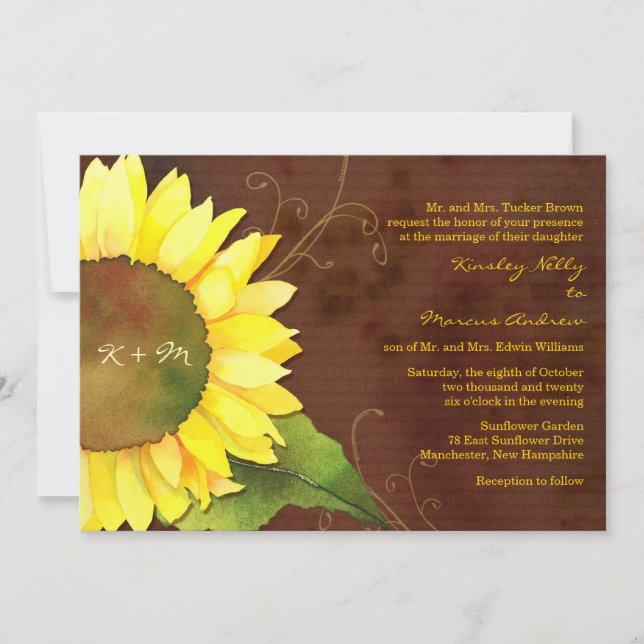 Rustic Brown Sunflower Modern Fall Wedding Invitation (Front)