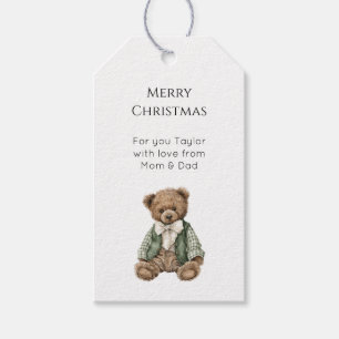 Rustic Brown Teddy Bear Green Plaid Christmas  Gift Tags