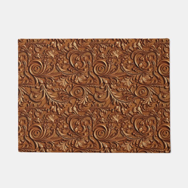 Rustic brown tooled leather doormat (Front)