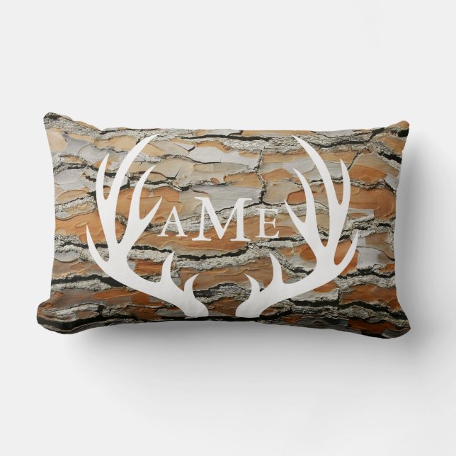Rustic Brown Tree Bark Country Deer Antlers Lumbar Cushion (Front)