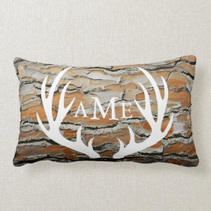 Rustic Brown Tree Bark Country Deer Antlers Lumbar Cushion
