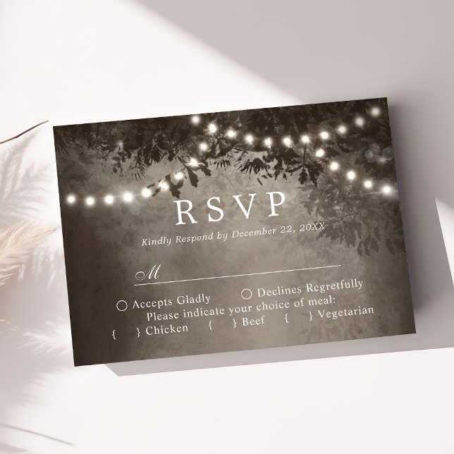 Rustic Brown Tree String Lights Wedding RSVP Card (Creator Uploaded)