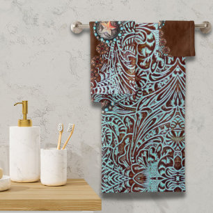 Rustic brown turquoise western country pattern bath towel set