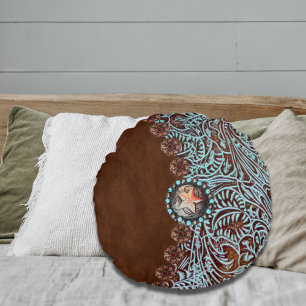 Rustic brown turquoise western country pattern round cushion