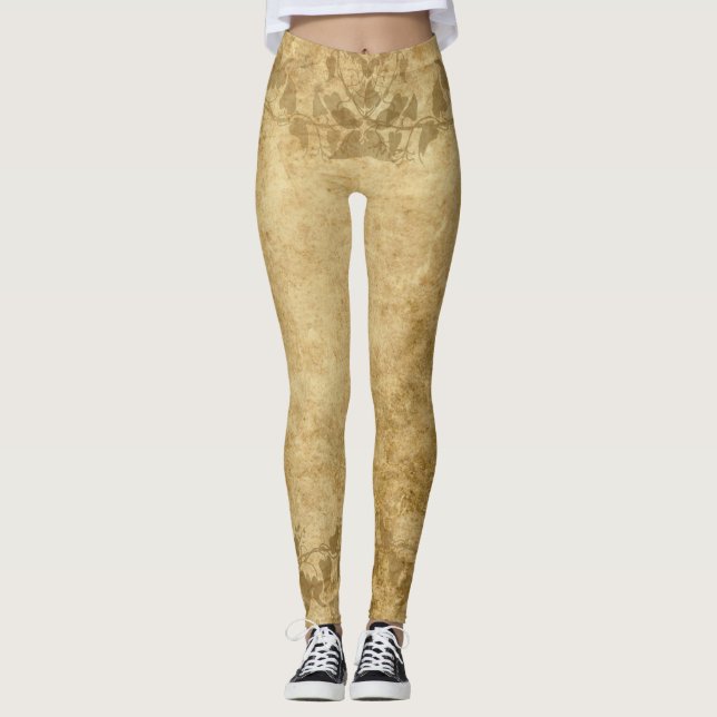 Rustic Brown Vintage paper parchment and vines Leggings (Front)