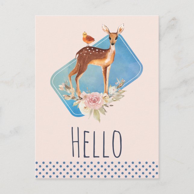 Rustic Brown Watercolor Deer on Peach Hello Postcard (Front)