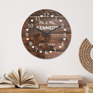 Rustic Brown Weathered Wood Wedding Large Clock