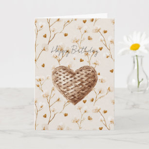 Rustic Brown Weave Hearts Birthday Card