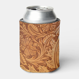 Rustic brown western country tooled leather can cooler