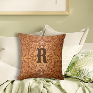 Rustic brown western country tooled leather cushion