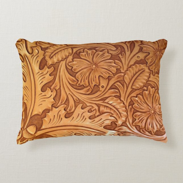 Rustic brown western country tooled leather decorative cushion (Front)