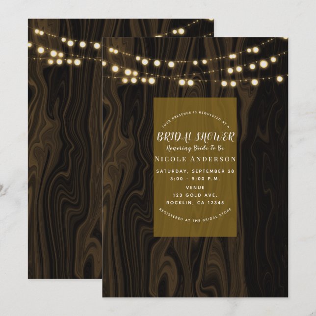 Rustic Brown Whimsical Wood Lights Bridal Shower Invitation (Front/Back)