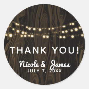 Rustic Brown Whimsical Wood String Lights Wedding Classic Round Sticker