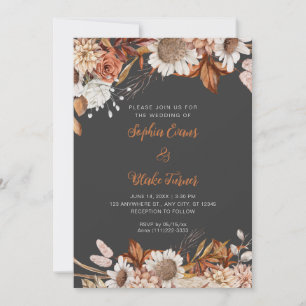 Rustic Brown White Flowers Boho Grey Wedding Invitation