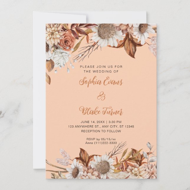 Rustic Brown White Flowers Boho Orange Wedding Invitation (Front)