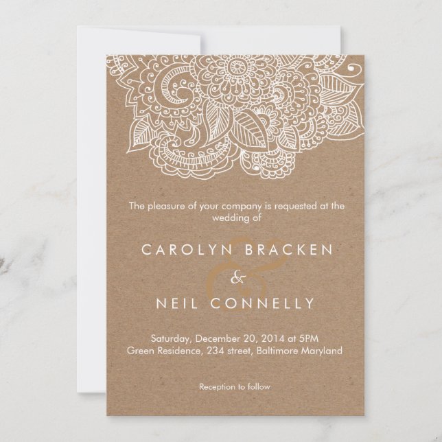 Rustic Brown White Paisley Pattern Floral Wedding Invitation (Front)