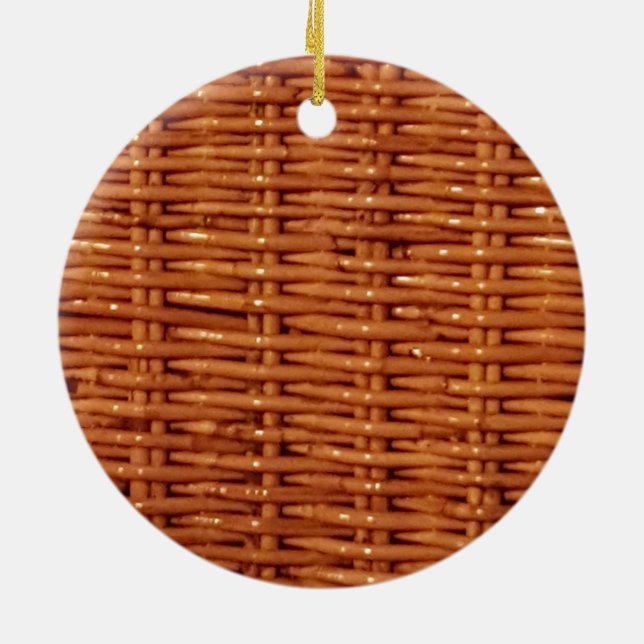 Rustic Brown Wicker Picnic Basket Country Style Ceramic Ornament (Back)