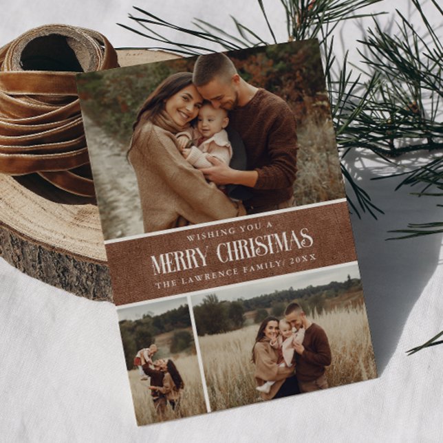 Rustic Brown Winter Christmas 3 Photo Collage Holiday Card (Creator Uploaded)