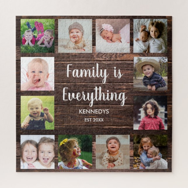 Rustic Brown Wood 12 Photo Collage Family Jigsaw Puzzle (Vertical)