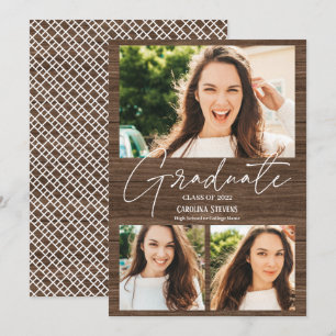 Rustic brown wood 3 photos collage graduation announcement