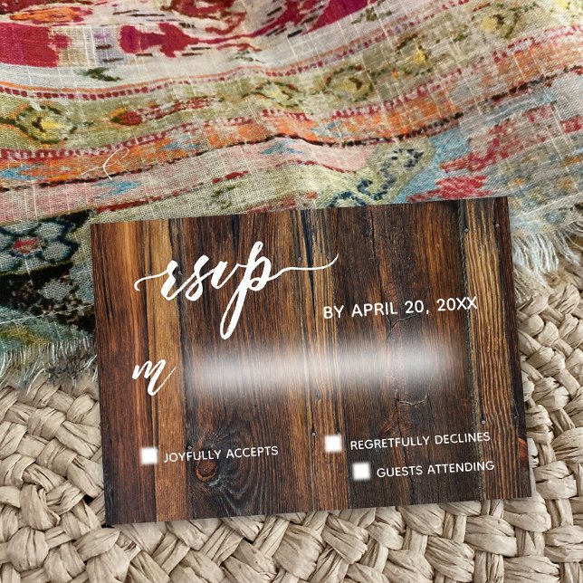 Rustic Brown Wood Casual Request Wedding RSVP Card (Creator Uploaded)