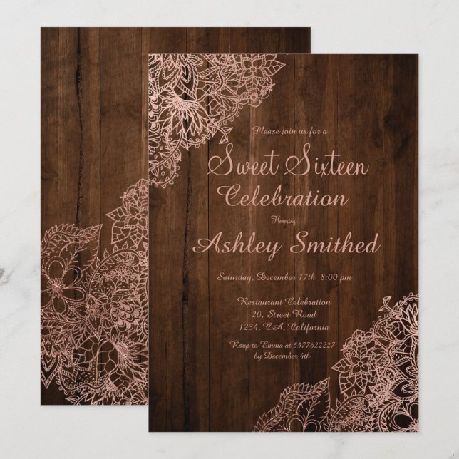 Rustic brown wood chic rose gold floral Sweet 16 Invitation (Front/Back)