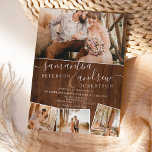 Rustic brown wood chic script 5 photos wedding invitation<br><div class="desc">Rustic brown wood script wedding with 5 photo grid collage.</div>