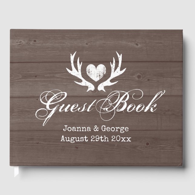 Rustic brown wood country chic deer antler wedding guest book (Front)